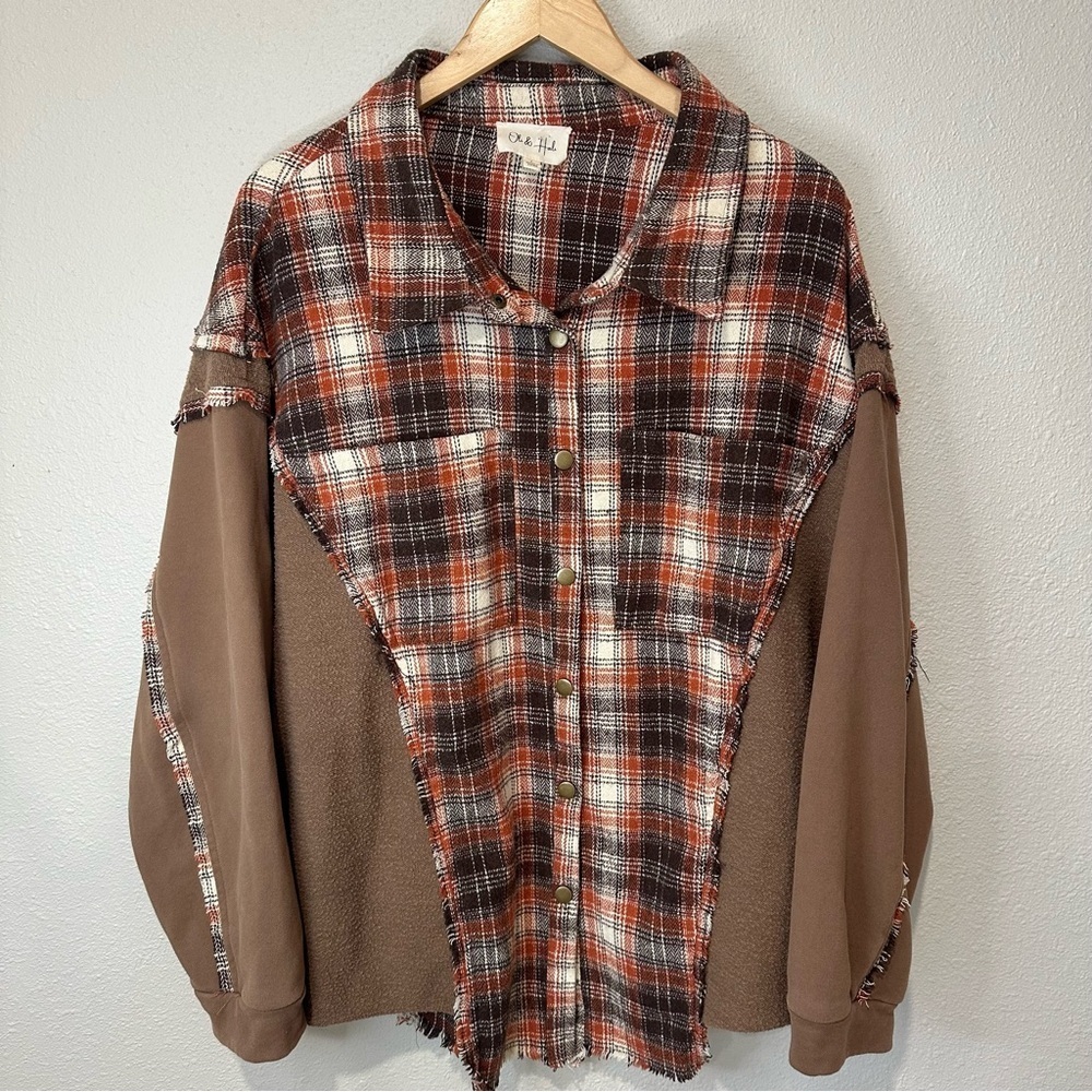 Oli & Hali Mixed Materials Plaid and Brown Button-Up Top